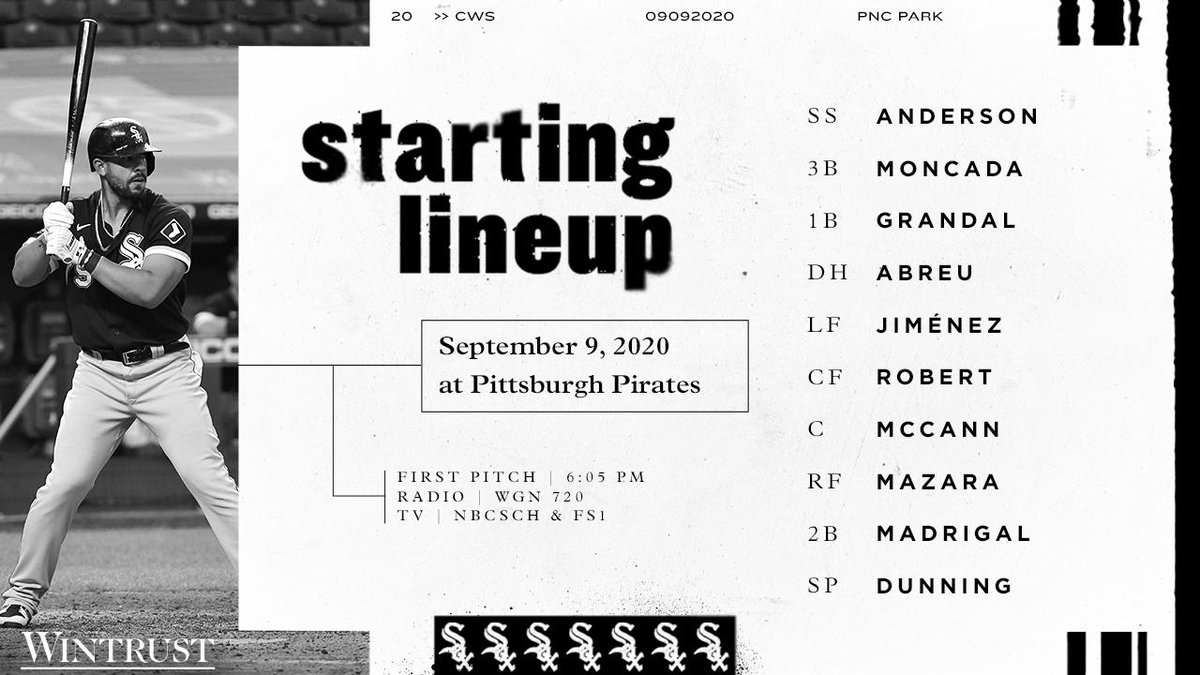 whitesox's tweet photo. Tonight's #WhiteSox starters in Pittsburgh.

⏰: 6:05 p.m.
📺: @NBCSChicago &amp; @FS1 
📱: MyTeams App https://t.co/MvhVkd81ab 
📻: @WGNRadio https://t.co/fSQ172p3pa