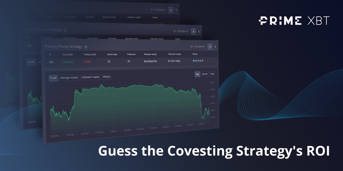 PrimeXBT's tweet photo. Printing Money is the #Covesting Module's top strategy and is up 559%.

Guess what the ROI of this strategy will be in 2 days.

The 3 users with the closest guesses will receive a $100 trading bonus.

🔹Like/RT
🔹Comment with: #theytradeyouprofit 

Winners announced Sept. 11 https://t.co/Fgz1v8hWYN