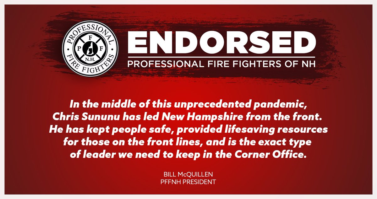 ChrisSununu's tweet image. Responding to #COVID19 has been a challenge like no other. We’ve built a strong team, worked together, and delivered for NH. I’m honored to have earned the endorsement of @PFFNH.