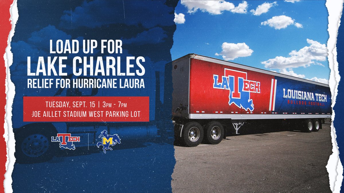 LATechSports's tweet photo. Tech Family, we're loading up the @LATechEquipment truck for Lake Charles and helping our friends at @McNeeseSports. Important items: batteries, non-perishable food, pet food, and baby supplies
📍 Joe Aillet Stadium West Parking Lot
📆 Sept. 15 | 3-7 PM
🗞 https://t.co/eOAXzJ8JMG https://t.co/2OgnkVa8gD