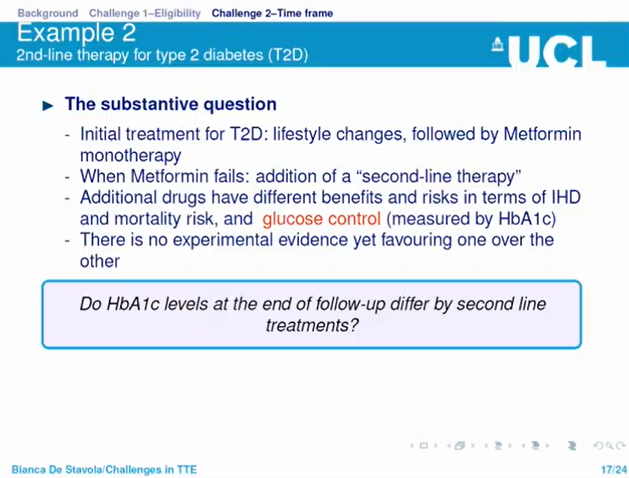 11/n Challenge : Selecting a time frameE.g. do HbAlc levels at end of follow-up differ by second line treatments?Problem: the entry to study is staggered and so the choice of time-frame (T) influences recruitment period and affects results. How best to choose T?