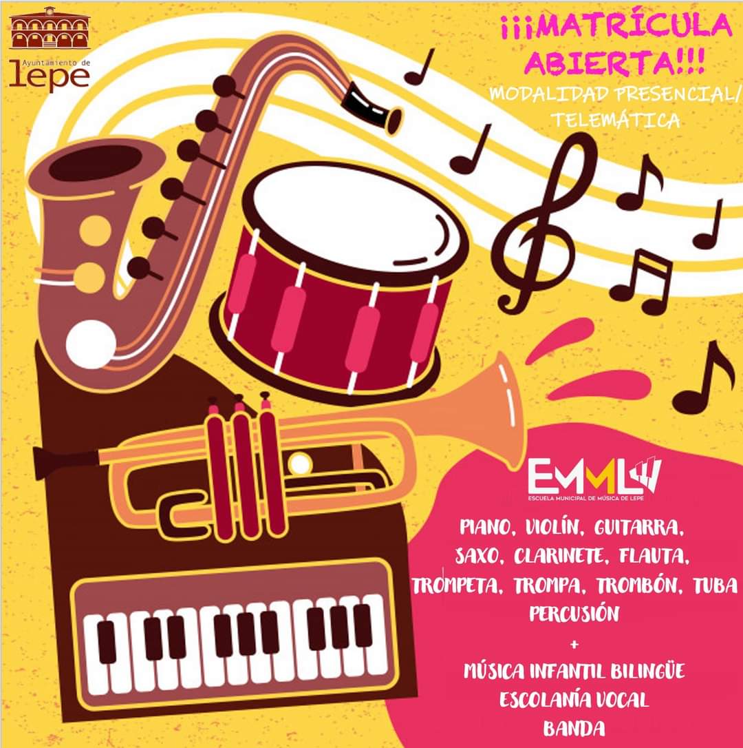 EMpalMusicaLepe's tweet photo. ¡¡ABIERTO PLAZO DE MATRICULACIÓN!!  
▫️Música infantil bilingüe.
▫️Diferentes especialidades instrumentales.
▫️Desde los 3 años.
▫️Presencial y Online.
Matrículas en el @teatrolepe y en la web del @AytoLepe 👉 https://t.co/7zVQelk5Iw 
 Informaremos de todas las medidas COVID 😷 https://t.co/oZrOXeX54b