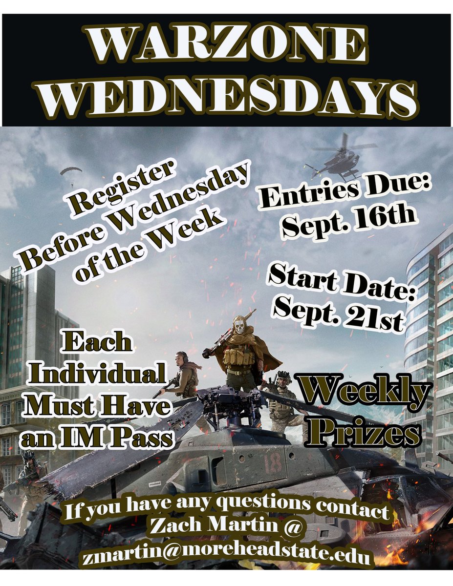 MSU_Intramurals's tweet image. Sign ups are open for Fortnite Mondays and Warzone Wednesday (with weekly prizes) and Cornhole tournament! Sign up at recreation.moreheadstate.edu