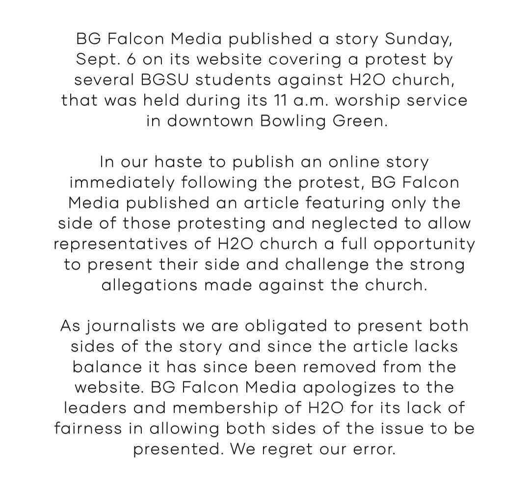 BGFalconMedia's tweet photo. Falcon Media’s statement on a retracted article: https://t.co/4VCW1Z7zzR