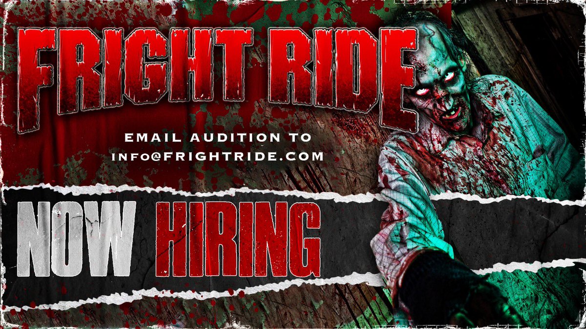 frightride's tweet photo. 🩸WE ARE HIRING! 🩸

1. Send resume &amp; copy of ID
2. Submit a 30 second clip explaining why you’d love to be apart of Fright Ride 2020
3. Show us your best impersonation of your favorite Halloween character
4. Attach all in one email and send to info@frightride.com https://t.co/8e8uLxnYvz
