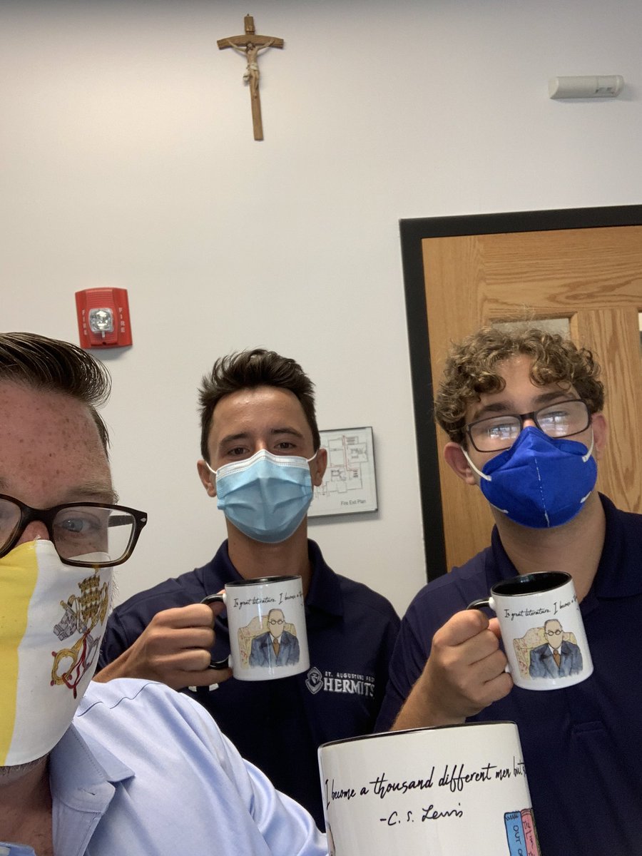 brentowell's tweet photo. Had the pleasure of creating &amp; leading a course on the life/work of CS Lewis last spring. One requirement was that at each meeting, we would discuss the readings over tea (very British I know). Here Mark &amp; Cameron received their CS Lewis mugs as a sign they completed the course! https://t.co/Bgtwyzmj2W