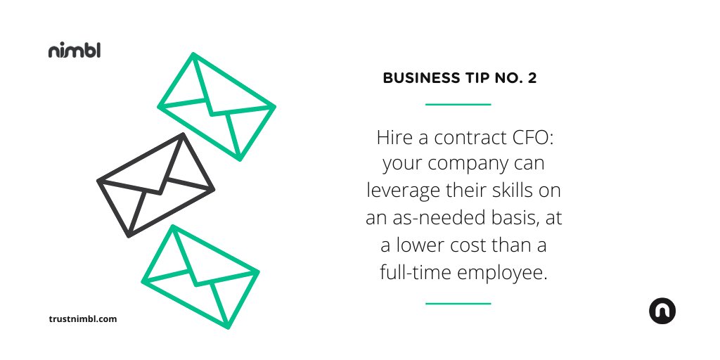 Are you wondering if your business needs a CFO? A contract #CFO is a great option for #smallbusinesses or those looking to save money in their #business operations.

For more business tips and tricks, visit lnkd.in/eUbfpJi to sign-up for our weekly newsletter! #TrustNimbl