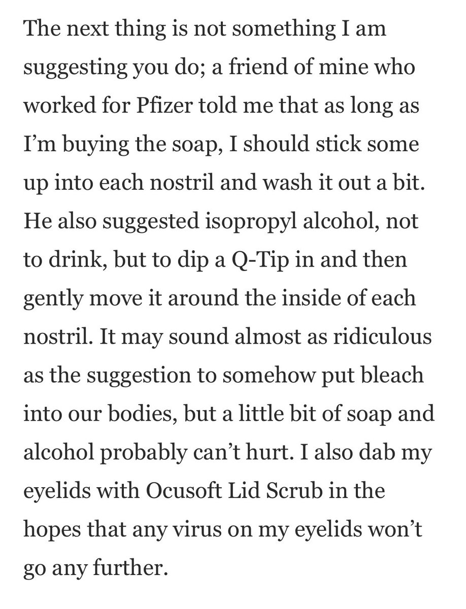 OH MY! Well her friend at Pfizer should maybe consider their life goals. Listen, under no circumstances should you be shoving a Q-tip with alcohol up your nose. Alcohol is drying, your mucus membrane need to remain moist to do its job. This is a HORRIBLE idea... 6/
