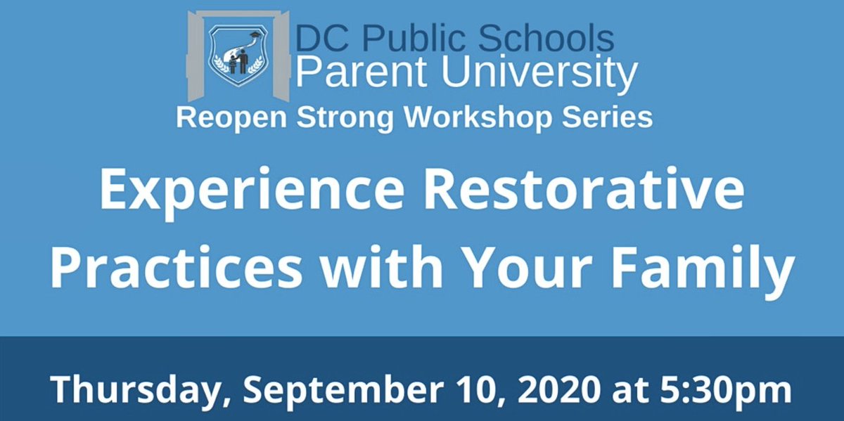 dcpublicschools's tweet photo. Families are invited to join our next virtual Parent University session tomorrow at 5:30 p.m. to learn about behavior management and restorative practices for learning at home. RSVP at https://t.co/HCVu4IcxVm. https://t.co/CjGtJV8TDR