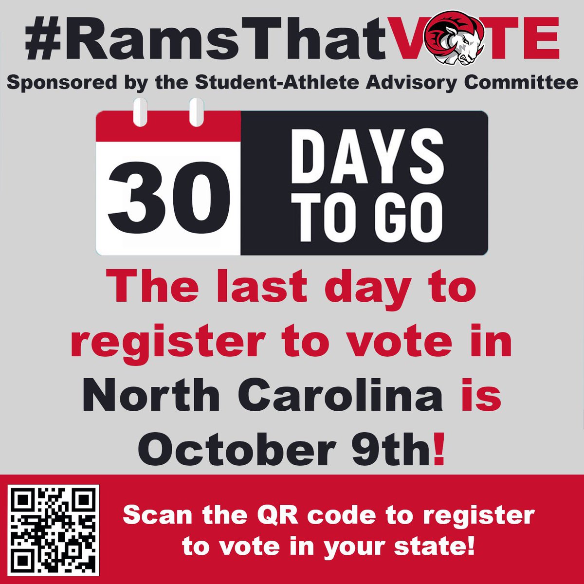 Time is ticking Ramily! Only 30 days left to register to vote. If you aren’t registered to vote yet, scan the QR code to register! #RamsThatVOTE