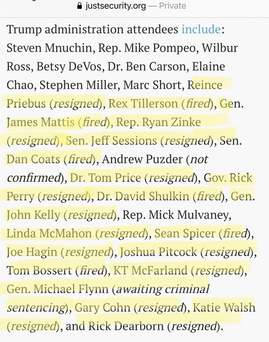 These are the attendees at the Jan 13, 2017 Pandemic Preparedness Scenario mtg that the Obama put on for the incoming Trump administration.. The ones highlighted either resigned, were fired or were indicted...