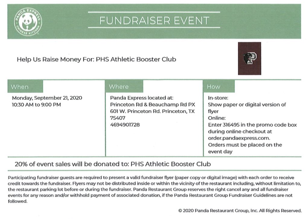 PrincetonISD's tweet photo. Support the PHS athletes by dining at Panda Express on Monday, Sept. 21. https://t.co/HyIevusABh