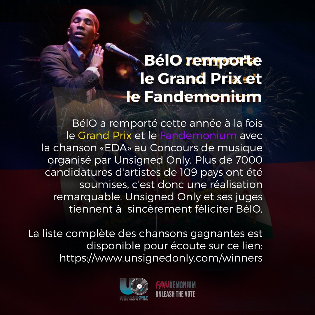 LucHarry's tweet photo. BélO a remporté cette année à la fois le Grand Prix et le Fandemonium avec la chanson «EDA» au Concours de musique organisé par Unsigned Only. Plus de 7000 candidatures d'artistes de 109 pays ont été soumises, c'est donc une réalisation remarquable. https://t.co/JJRscfG8JR