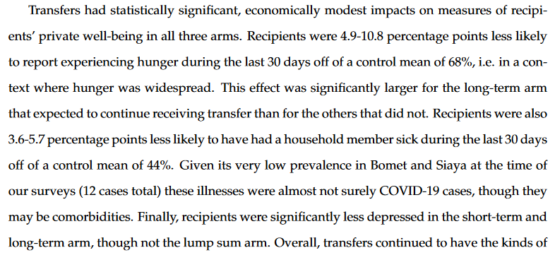 Because of an ongoing  #UBI experiment that started before the pandemic, we now have evidence of what impact UBI would have had if already in place elsewhere. We'd be seeing less food insecurity, less depression, and we would have more hospital capacity. https://econweb.ucsd.edu/~pniehaus/papers/ubi_covid.pdf