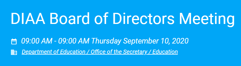 DEStateBoardEd's tweet photo. DIAA is scheduled to meet tomorrow (9/10) at 9am. If DIAA decides to make changes to Emergency Regulation 1010, those changes will come in front of the State Board at its next meeting. Information on how to join tomorrow's DIAA meeting here https://t.co/ITzjKXnxD7 @DIAA_Delaware https://t.co/XnSZ3c7XHW
