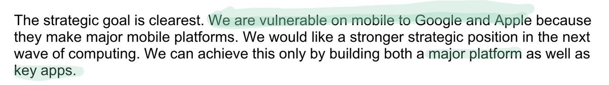 3There was a problem. Google and Apple had a platform advantage. They controlled the major mobile app platforms (and the hardware). To win the future of VR/AR, Zuckerberg thought  $FB needed to own 2 things: - The platform- The "key apps"
