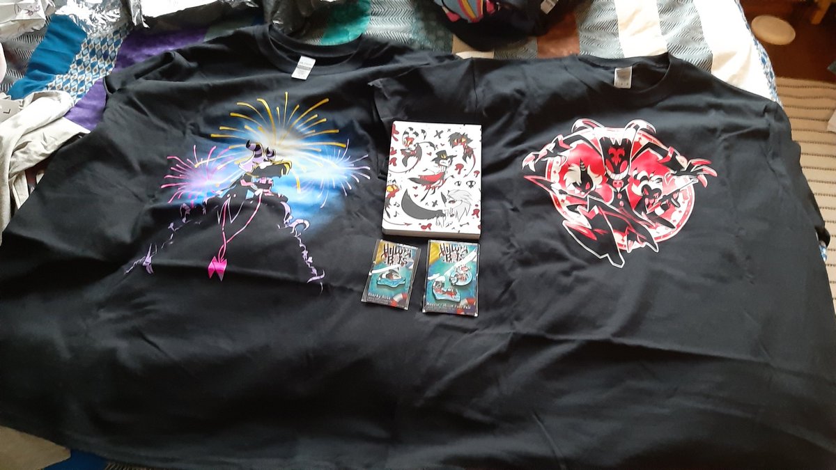 ArtnSasu's tweet image. Got my @SharkRobotStore and @VivziePop things today and I love them ! Cant wait on my plushies and pins with them &amp;lt;3

#vivziepop #sharkrobotstore #HelluvaBoss #HazbinHotel #summercollection