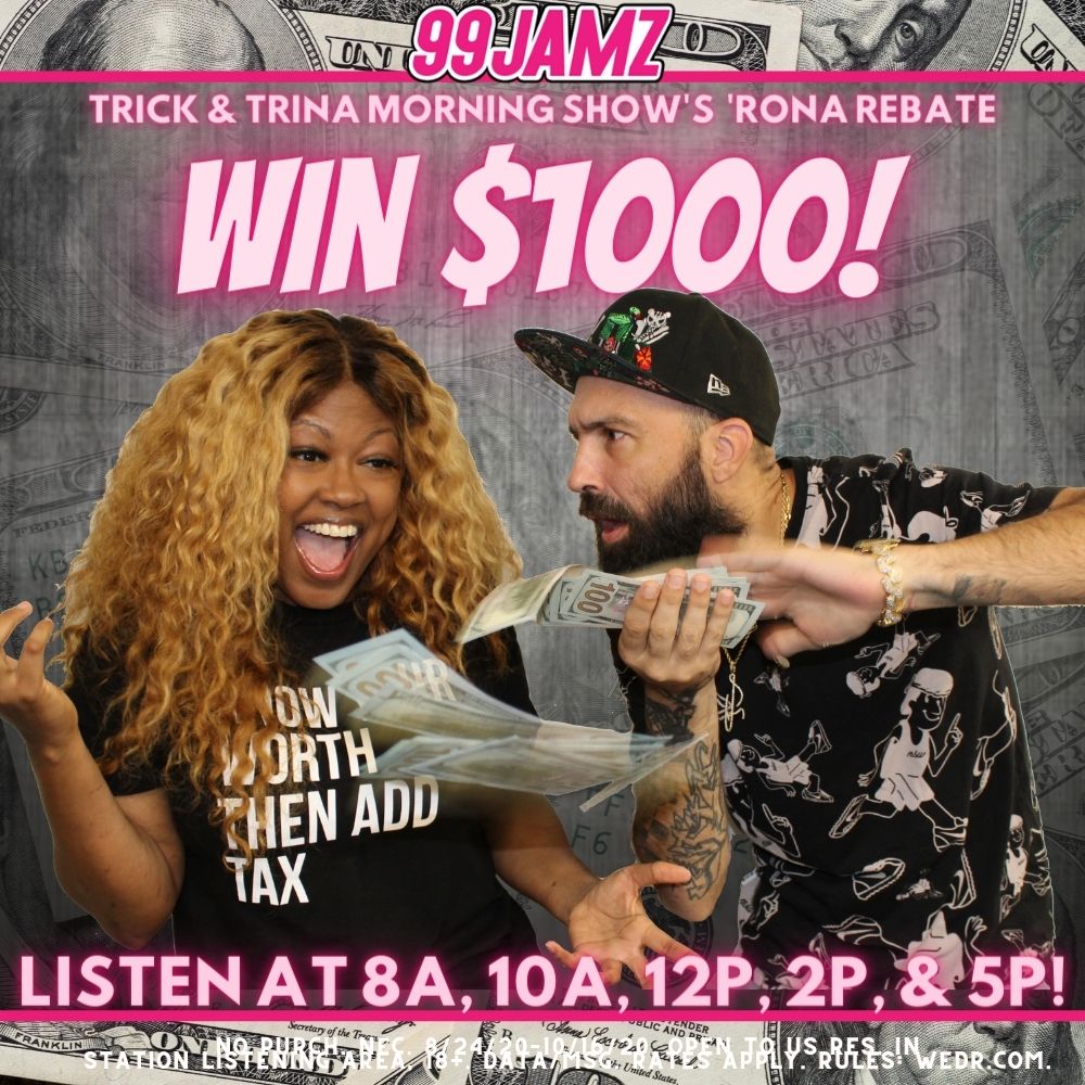 99JAMZ's tweet photo. .@SUPACINDY & @DJEntice want to hook you up with Trick & Trina's #1KRonaRebate! Check-in with the #AfternoonGetDown weekdays at 2PM & 5PM for the keyword then text it to "70123" to earn BIG MONEY! DETAILS: https://t.co/ghmdCqrtoy #WEDR #99JAMZ https://t.co/GSCctF2oeP