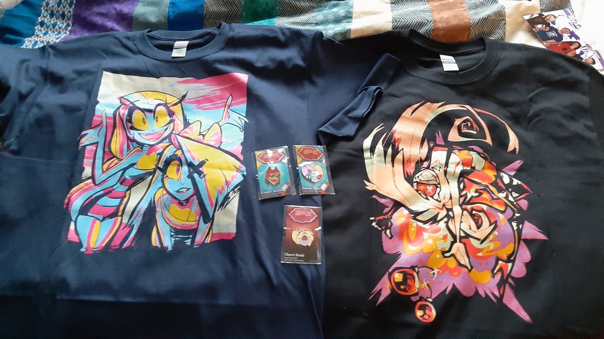 ArtnSasu's tweet image. Got my @SharkRobotStore and @VivziePop things today and I love them ! Cant wait on my plushies and pins with them &amp;lt;3

#vivziepop #sharkrobotstore #HelluvaBoss #HazbinHotel #summercollection