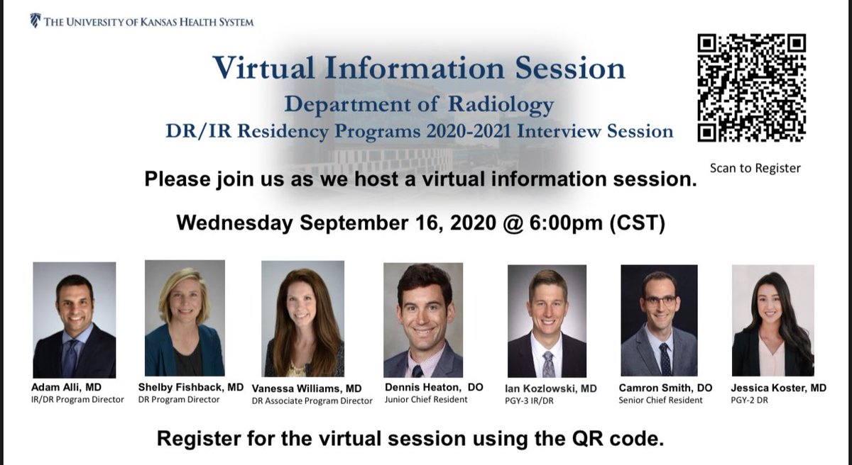 KURadiology's tweet photo. Please join @KURadiology and @KHS_VIR next Wednesday September 16th at 6 pm CST for a DR/IR residency open house with our PDs and current residents! We can’t wait to meet you! #radres #futureradres #letsgetvirtual https://t.co/ujmJ56aViu