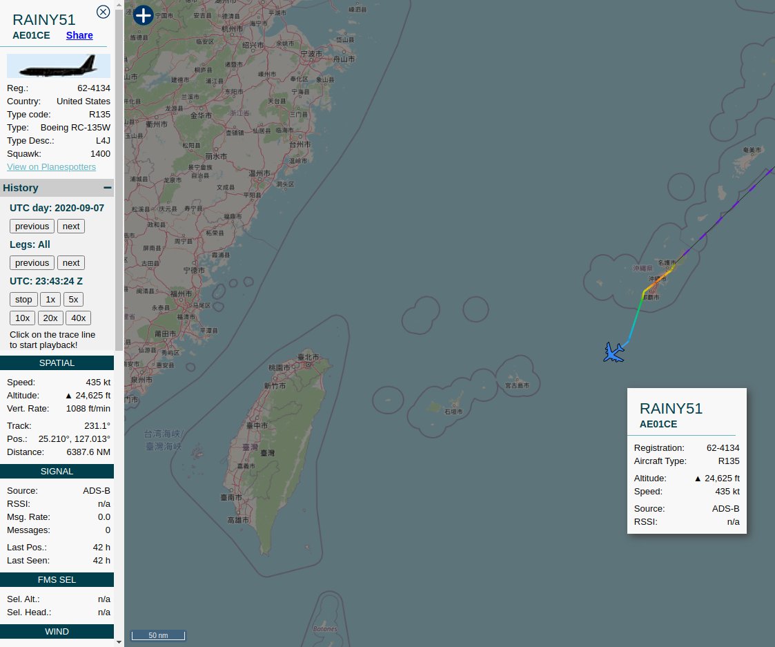  CONFIRMED (Using independent  #ADSBexchange flight data.) United States Air Force Boeing RC-135W Rivet Joint 62-4134/OF| #AE01CE| #RAINY51 took off from  #KadenaAB  #RODN @ 2020-09-07 23:28Z https://globe.adsbexchange.com/?icao=ae01ce&lat=27.823&lon=124.673&zoom=5.5&showTrace=2020-09-07  https://twitter.com/SCS_PI/status/1303244320938455040