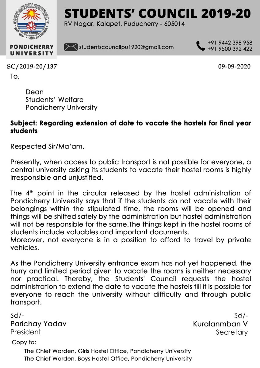SC_PondiUni's tweet photo. So many students cannot afford travel in the given period, under the circumstances of the pandemic. We request the hostel admin to extend this deadline to accommodate the difficulties of our students. https://t.co/lArJFIxuWm