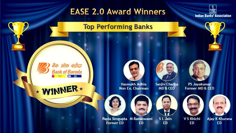 vikramadityask's tweet photo. Happy to inform - We have been declared as “WINNERS” in the ‘Top Performing Bank’ category under 'EASE Reforms Index Award - Overall' Rankings.
🎶HEARTIEST CONGRATULATIONS to the entire ‘TEAM BARODA’ @bankofbaroda for this stupendous achievement!🎶TogetherWeCan! #EASE #PSBReforms https://t.co/2LJsHrjjsD