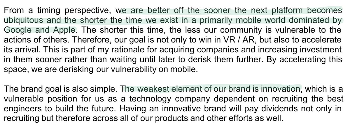 8One final point: the question of timing. Google and Apple own the mobile world — Zuckerberg talks explicitly about trying to accelerate VR/AR to go post-mobile. He also makes a frank comment about  $FB's perceived lack of innovation.