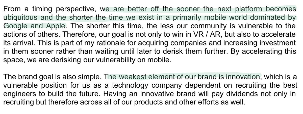 8One final point: the question of timing. Google and Apple own the mobile world — Zuckerberg talks explicitly about trying to accelerate VR/AR to go post-mobile. He also makes a frank comment about  $FB's perceived lack of innovation.