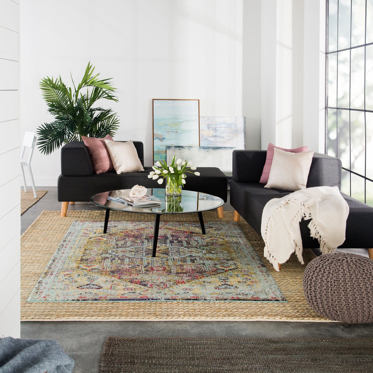 rugsdirect's tweet photo. Layered rugs are a great way to add dimension + interest to your space. A popular combination includes a small statement rug on top of a large jute rug. Are you a fan of the layered look? Share your favorite layered rug combos below! Shop the look > https://t.co/otUua6GzKD https://t.co/qARmIxBha7