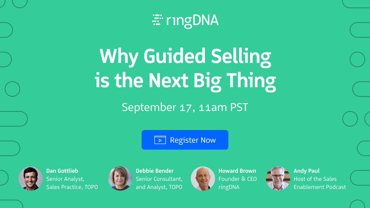 revenue_io's tweet photo. Guided selling is about to revolutionize sales. Teams without it are already losing. So what exactly is Guided Selling? Join Dan Gottlieb, Debbie Bender, @realAndyPaul, and @howardbrown for an exclusive webinar: https://t.co/6u3exBZ9Y6
#ringDNA #GuidedSelling #Sales https://t.co/Yyzb8TzUIo