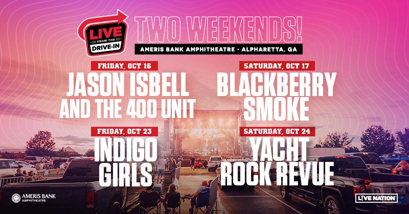 LiveNationAtl's tweet image. Grab your Presale tix NOW for our LIVE FROM THE DRIVE-IN Concerts happening next month at @AmerisBankAmp! Our tailgating concert series from Jason Isbell and The 400 Unit, Blackberry Smoke, The Indigo Girls and Yacht Rock Revue Use ONTOUR and go to livenation.com/drivein
