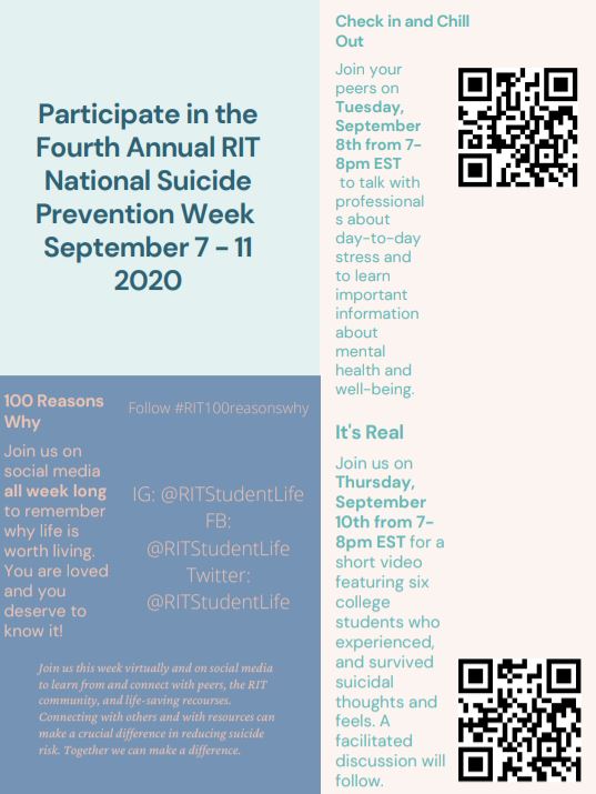 Participate in the Fourth Annual RIT National Suicide Prevention Week, September 7-11, 2020! Check out all that's going on this week: