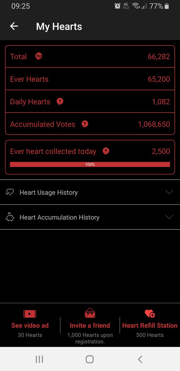 Here you can see your total Ever Hearts, and Daily Hearts.Daily hearts are reset every day you always spend those before voting closes! Ever hearts carry over.Bottom left button let's you watch 10 adds per hour, for at least 30 hearts (Some times more!)