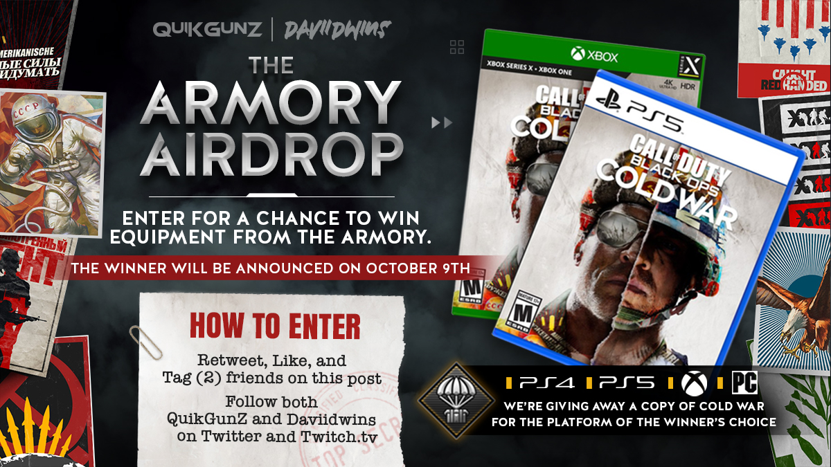 QuiKGunZ's tweet photo. 🚨🚨Call of Duty Cold War Giveaway🚨🚨

As a thank you to our community for the love &amp; support @daviidwins &amp; I will be giving out a copy of #ColdWar! 

Enter: Retweet this tweet, like &amp; tag 2 friends!

Follow us on Twitter &amp; Twitch

https://t.co/4VTzsKN5IY
https://t.co/pnwQyHLbNk https://t.co/YkrA9TxKOO