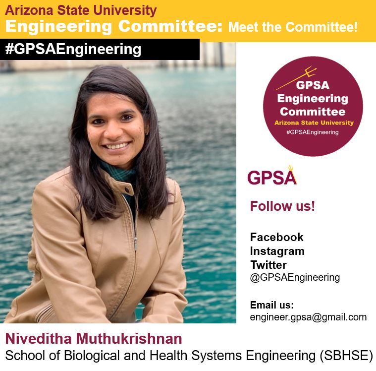 GPSAEngineering's tweet photo. Meet @ASUGPSA engineering committee member Niveditha Muthukrishnan!

Q: Why did you join GPSA?
A: To advocate equal opportunities for all graduate students and enhance mental and emotional wellness.

Read full Q&amp;A at https://t.co/mlQL9Oql0e
#GPSAEngineering #ASUEngineering https://t.co/tDEyQWTYHY