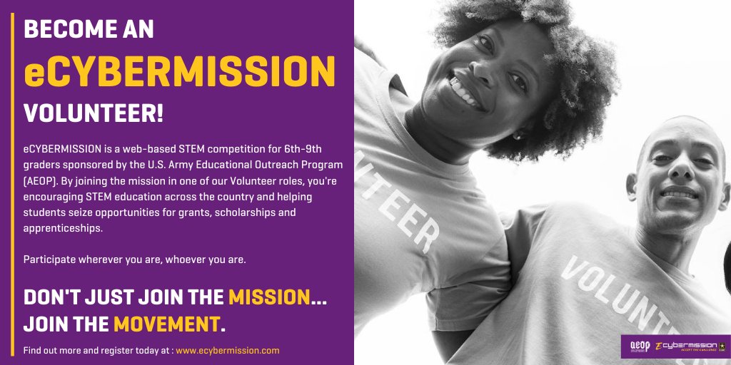 ecybermission's tweet photo. If you're new to eCYBERMISSION, we are a web-based #STEM competition for 6-9th graders, relies on the support of dedicated volunteers! Register today &amp; accept the challenge. Join the mission as a #volunteer! |#ecyber20 https://t.co/shUeQSlUH5 https://t.co/lPKrp0wMbi