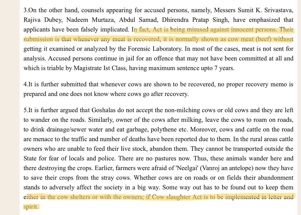 Okay so a reader shared this 2015 bail order of Allahabad high court in cow slaughter case.The submission is exactly the same