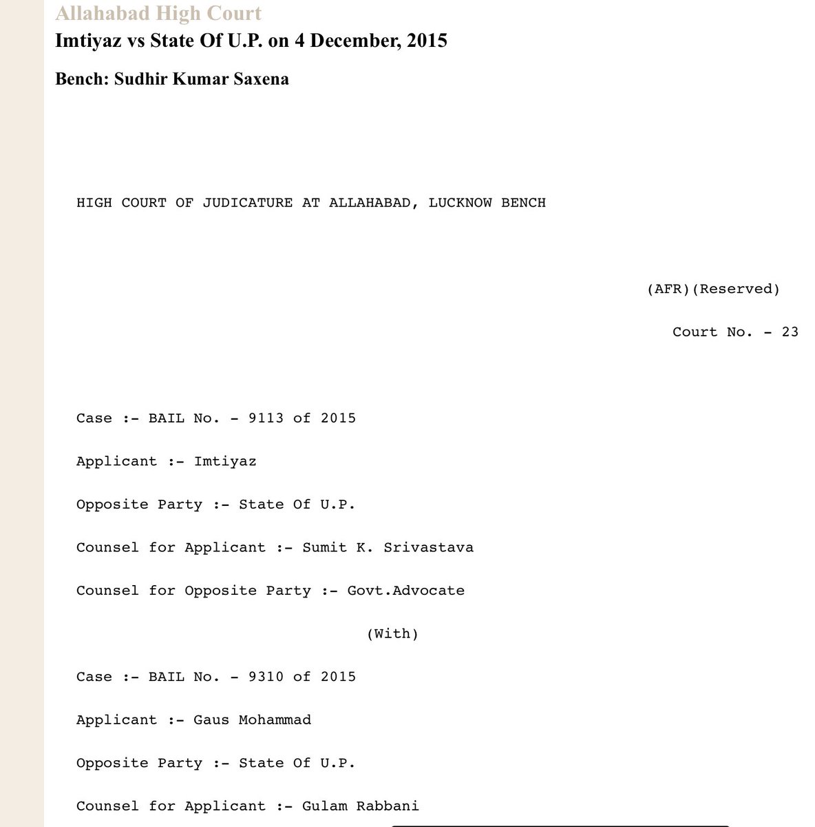 Okay so a reader shared this 2015 bail order of Allahabad high court in cow slaughter case.The submission is exactly the same