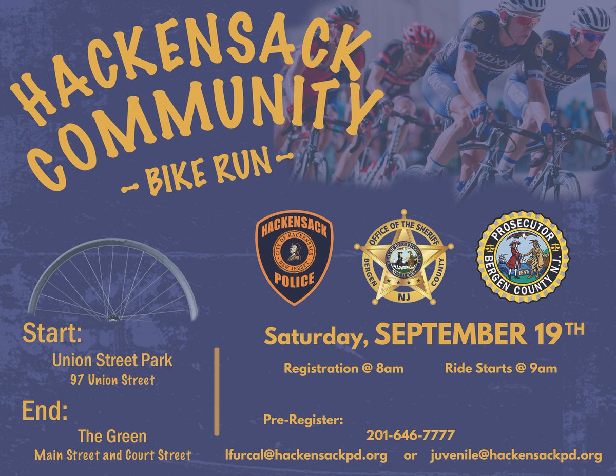 Join us for our Community Bike Run! The ride is approximately 3.5 miles. Please remember that all NJ traffic laws will be followed. Juveniles must be accompanied by an adult. Street parking is available. Hope to see you there!