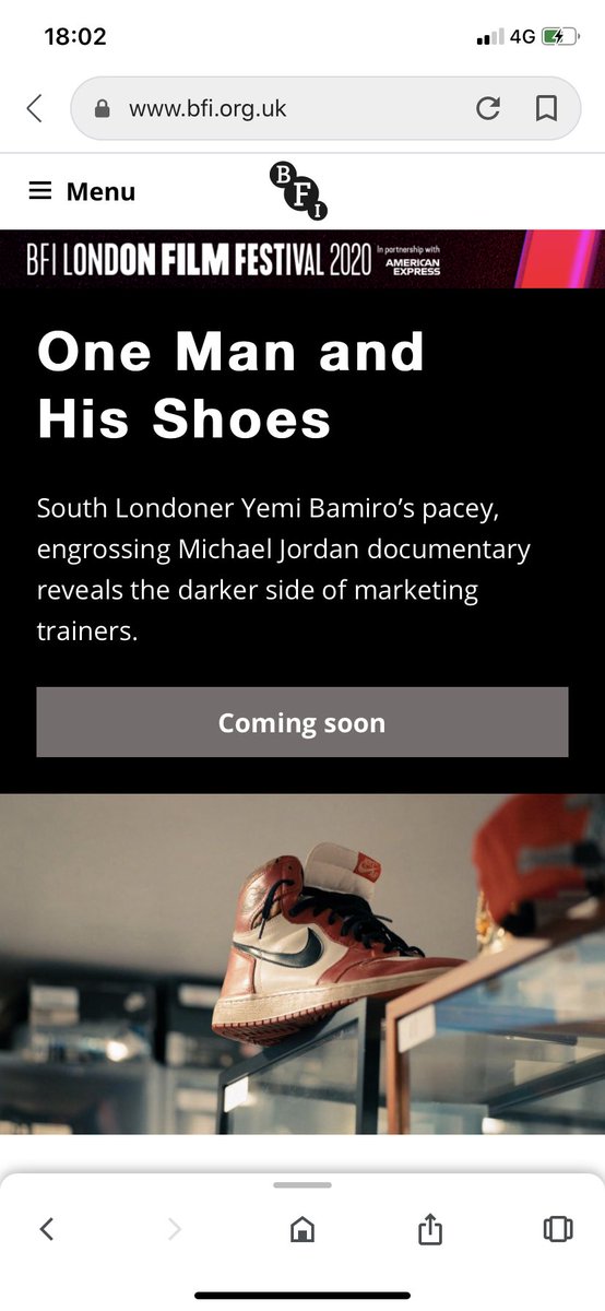 Michael Marden (@_michael_marden) on Twitter photo So excited + honoured to have ‘One Man and His Shoes’ selected for the BFI London Film Festival 2020.
It’s been a LONG journey making this film with the incredible <a href="/BREAKEMFILMS/">BREAK EM FILMS</a> & <a href="/yemi_bamiro/">Yemibamiro</a> - huge thanks to everyone who supported us along the way...
👊🎥🏀🍿🎞 So excited + honoured to have ‘One Man and His Shoes’ selected for the BFI London Film Festival 2020.
It’s been a LONG journey making this film with the incredible <a href="/BREAKEMFILMS/">BREAK EM FILMS</a> & <a href="/yemi_bamiro/">Yemibamiro</a> - huge thanks to everyone who supported us along the way...
👊🎥🏀🍿🎞