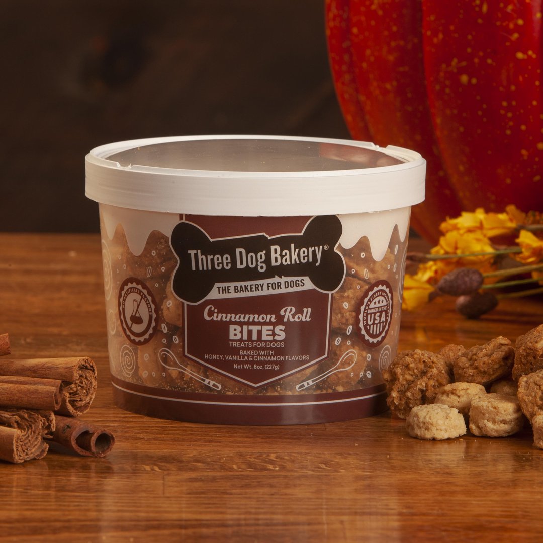Few things are more inviting than the scent of homemade cinnamon rolls baking in the oven. When you open a package of Cinnamon Roll Bites, the fresh-baked aroma will lead your dog’s nose straight to the kitchen.  Available at a bakery near you.