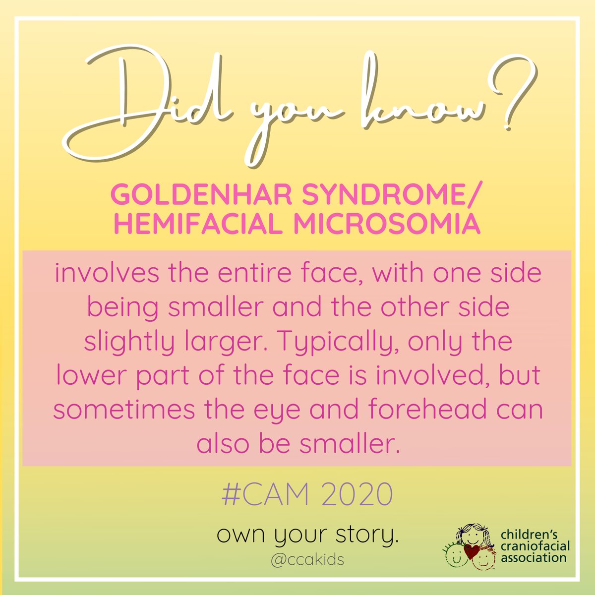 CCAKidsTweet's tweet photo. // โโฃโ โ โ โ โ
Did you know?! โฃโ โ โ โ โ
#DidYouKnow #CAM2020 #Craniofacial #OwnYourStory #goldenharsyndrome #goldenhar #choosekind #CraniofacialAcceptanceMonth #CamReflect #facialdifference https://t.co/KKfKUSSfGB