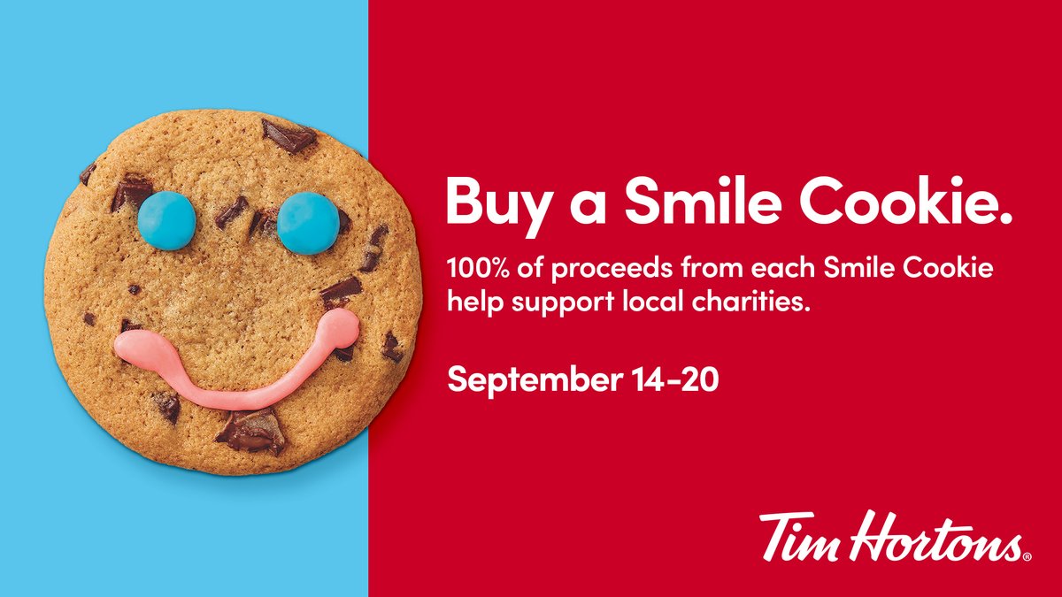 Buy a Smile Cookie, help support a local charity - like neonatal intensive care here in Calgary! 100% of proceeds from each #SmileCookie help support local charities. Grab yours from September 14-20. <a href="/TimHortons/">Tim Hortons</a> #yyc