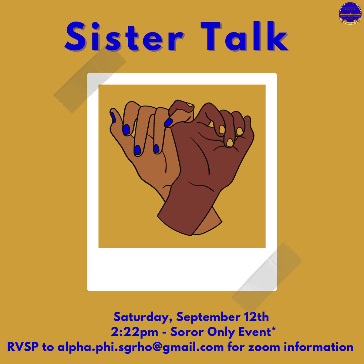 HowardSGRhos's tweet photo. 💛 CALLING ALL SORORS 💙
Join us for some well needed sister time. Be sure to RSVP, we can’t wait to see you there! https://t.co/ZBmF8pr9Qu