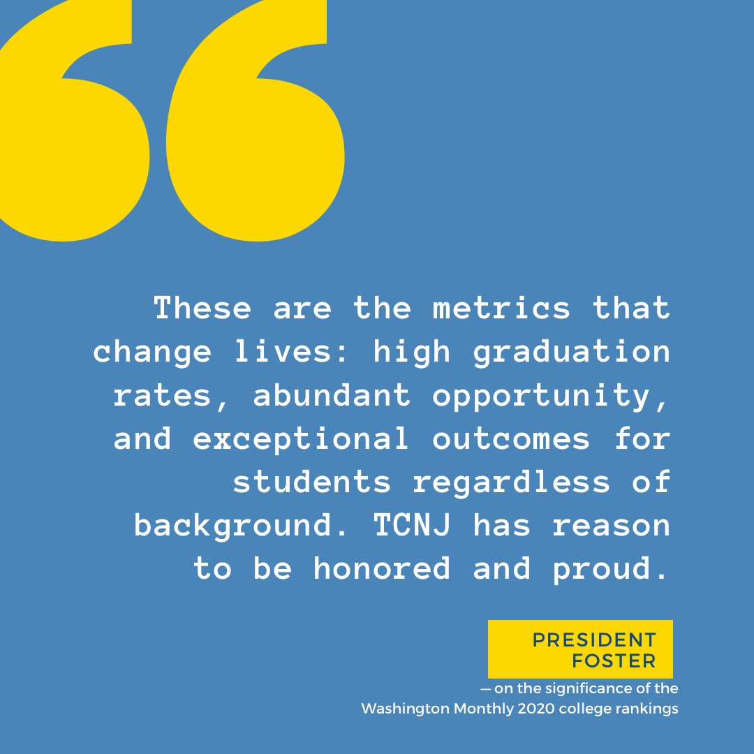 TCNJ was named among the nation’s top colleges by Washington <a href="/monthly/">Washington Monthly</a>, which ranks 4-year schools based on contribution to public good in 3 broad categories: social mobility, research, &amp; providing opportunities for public service. washingtonmonthly.com/2020college-gu…