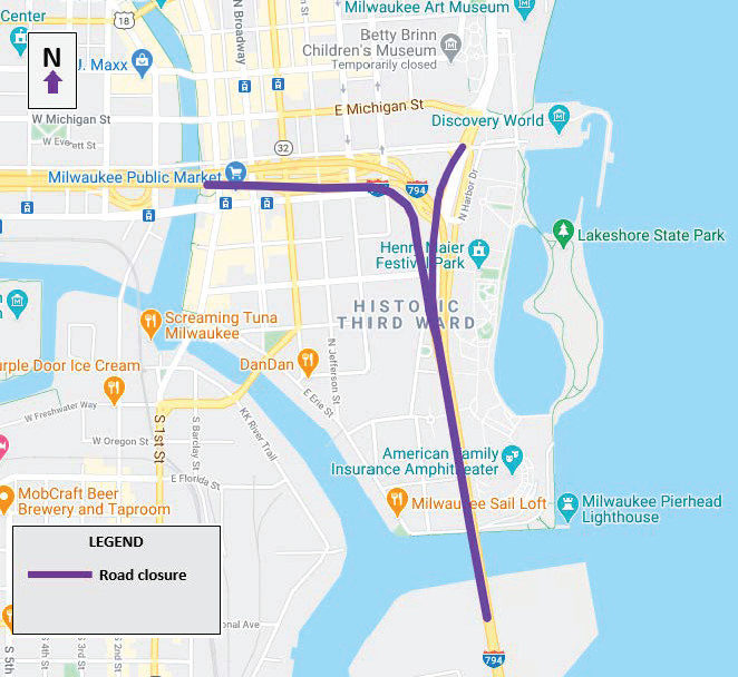 WisDOTsoutheast's tweet photo. Full I-794 eastbound nighttime closures along the Hoan Bridge beginning tonight (9/9) while crews work to install lighting on the Light the Hoan project.

🗓️Wednesday and Thursday nights, 7 p.m. to 8 a.m. Freeway is scheduled to open by 8 a.m. Friday morning. 
#511wi #HeadsUp https://t.co/CiBs6LHd39