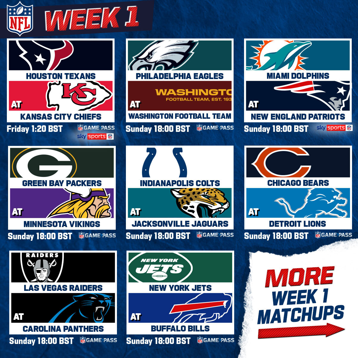 NFLUKIRE's tweet image. Been a long time since we posted this...

Here's your week 1 matchups.

🏈🏈🏈🏈🏈🏈🏈🏈🏈🏈

#NFLisBACK