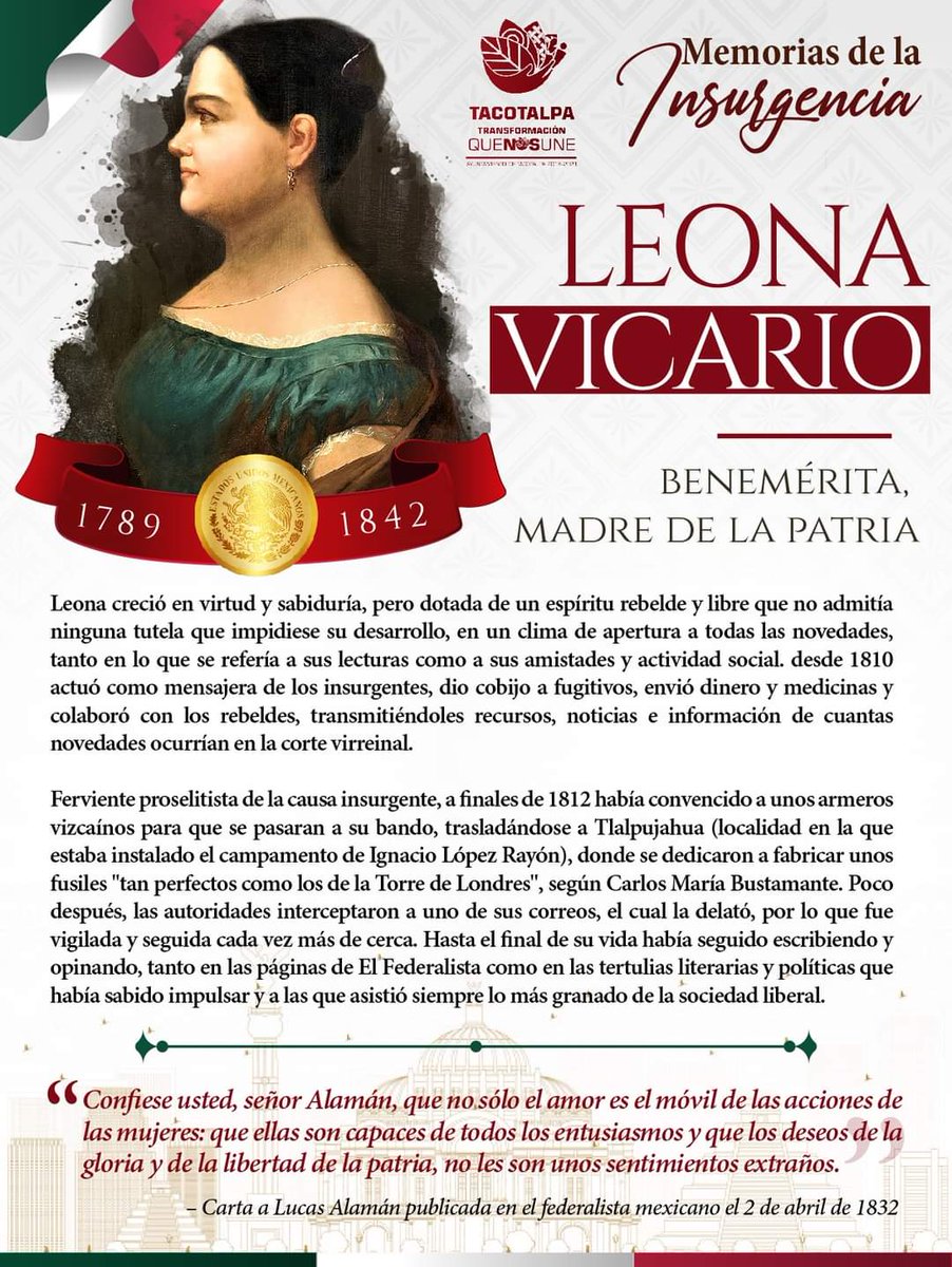 TomirisDom's tweet photo. Leona Vicario, Madre Benemérita de la Patria, cuyo aporte a la lucha de Independencia fue vital e invaluable, 2020 fue declarado en su honor por sus aspiraciones de justicia, igualdad y libertad; reivindicamos la memoria histórica y la participación de las mujeres en México🇲🇽 https://t.co/L6sXg6OSkd