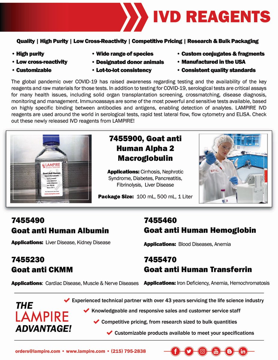 LampireBIO's tweet photo. LAMPIRE IVD reagents are used around the world in serological tests, rapid test lateral flow, flow cytometry and ELISA.
Check out these featured IVD reagents from LAMPIRE! Goat Anti Human Alpha 2 Macroglobulin, Goat anti-Human Albumin, Goat anti-CKMM #LAMPIRE #IVDREAGENTS https://t.co/uWgOh7JgRG